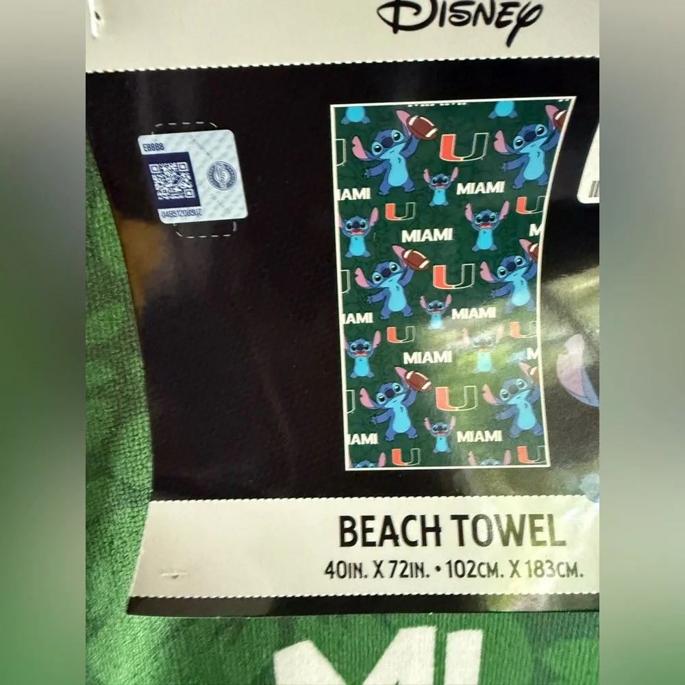 Disney Stitch University of Miami NCAA Green Towel NWT